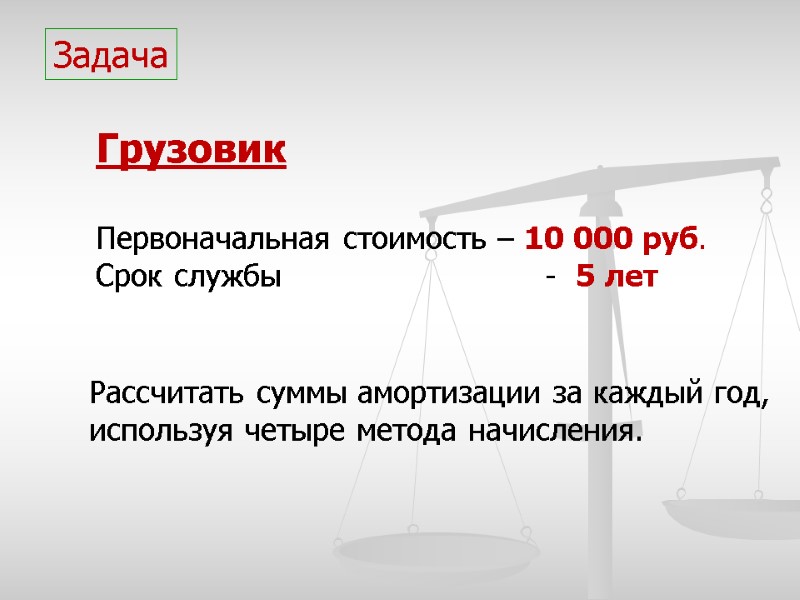 Задача Грузовик  Первоначальная стоимость – 10 000 руб. Срок службы   